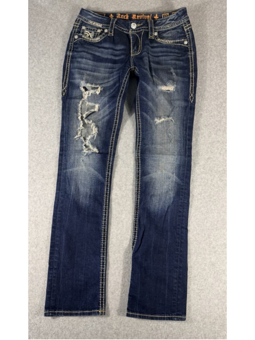 Rock Revival Karla Straight Jeans Womens 27 Distressed Flap Pocket Dark Wash